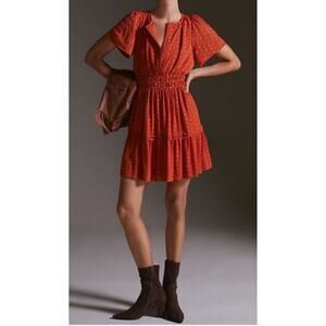 Anthropologie Somerset Mini Dress Polka Dot / Clip‎ Dot Tiered  Rust Orange S